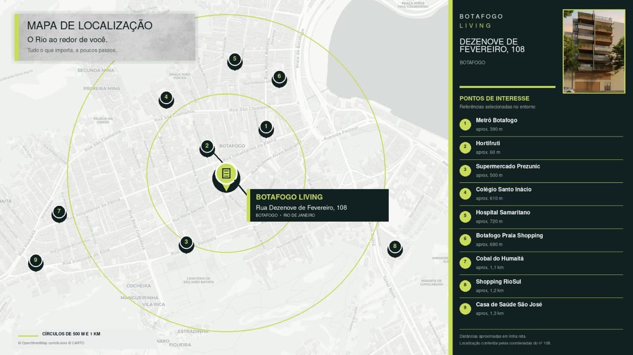 Mapa de localização do Fevereiro Botafogo Living com pontos de interesse